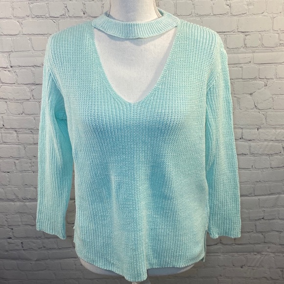 PRIMARK Choker V Neck Sweater Mint Green with High/Low Hem-Small - Picture 1 of 3